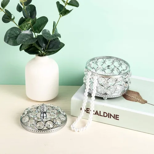 Miniatura 5 de Feyarl Caja organizadora de joyas de cristal transparente, aretes, anillos, almacenamiento del tesoro, recuerdo con superficie de espejo de vidrio