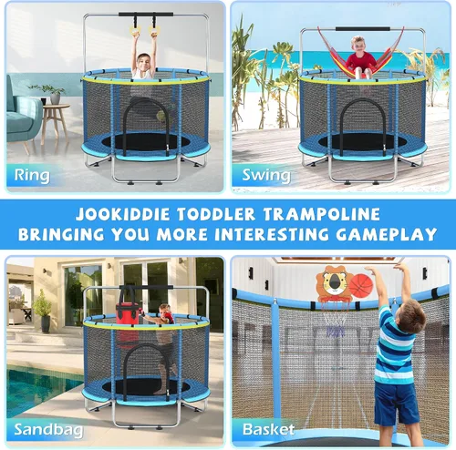 Miniatura 4 de Cama elástica para niños con malla de encierro, cama elástica mini para interiores y exteriores con barra de gimnasia ajustable, aro de baloncesto