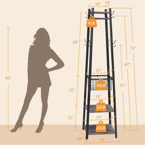 Miniatura 9 de VECELO Perchero independiente, árbol de pasillo con cesta de metal y estantes de almacenamiento, perchero industrial con 8 ganchos para colgar Marrón
