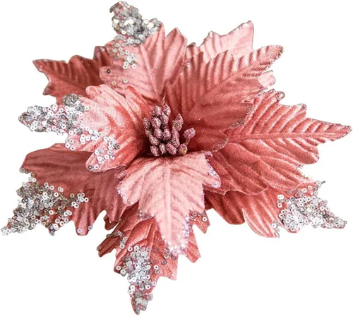 Miniatura 12 de 6 adornos para árbol de Navidad con purpurina para árbol de Navidad, flores artificiales de Navidad, accesorios florales, flores de franela