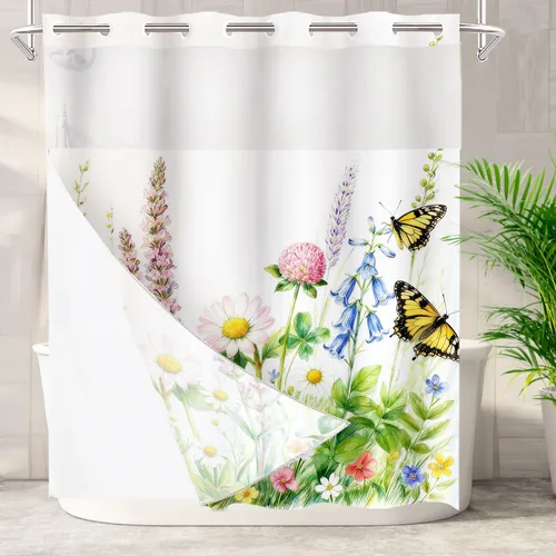 Miniatura 39 de Batmerry Cortina de ducha decorativa botánica con hojas blancas, flores románticas, borde victoriano, libélula y flores silvestres, bonita y ancha