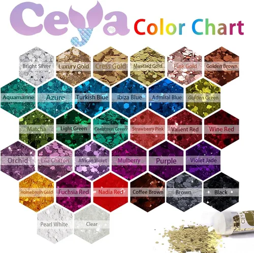 Miniatura 3 de Ceya Juego de purpurina gruesa de 32 colores, 11.28 onzas/11.29 oz de purpurina para manualidades en polvo mezclado con copos gruesos y finos cada
