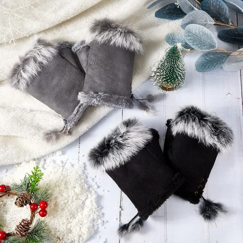 Miniatura 6 de 2 Pairs Women Fur Fingerless Gloves Winter Rabbit Fur Half finger Mittens for Women Girls Teen Working Writing