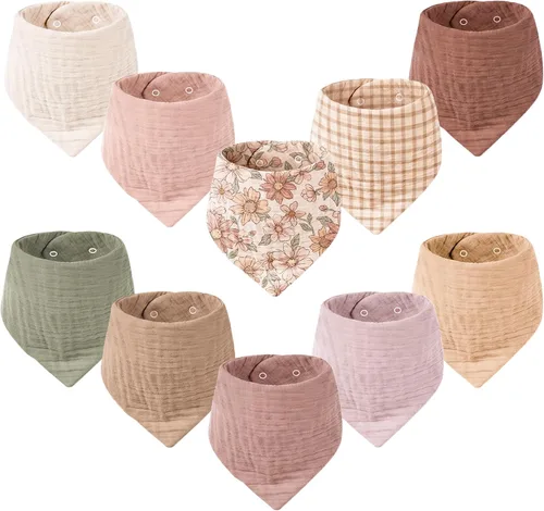 Miniatura 22 de Konssy Baberos de muselina para bebé, paquete de 10 baberos bandana para bebé, 100% algodón, unisex para niños y niñas Amarillo