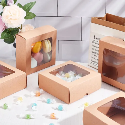 Miniatura 5 de BENECREAT 10 cajas de papel kraft marrón con ventana transparente, caja de regalo cuadrada de papel kraft de 5.12 x 5.12 x 1.97 pulgadas