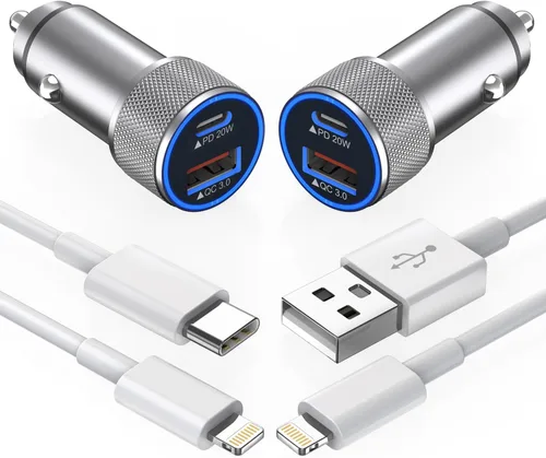 Cargador de iPhone para automóvil,【2 paquetes】38W Puerto dual USB C+QC3.0 [Certificado MFi de Apple] Carga rápida Encendedor de cigarrillos Cargador