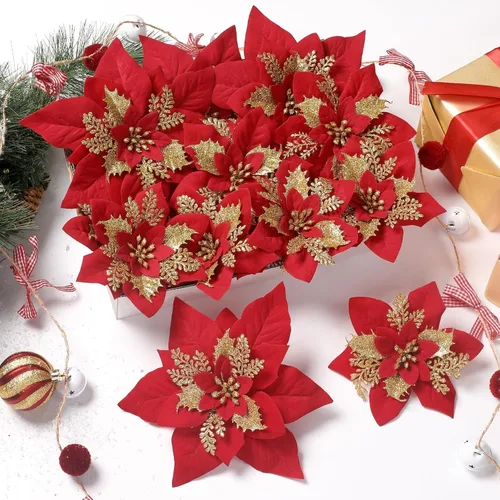 Miniatura 8 de Alupssuc 24 PCS Flores de Pascua Navideñas Negras Artificiales con Purpurina, Decoraciones Navideñas para Árbol, Corona, Chimenea, Flores de Pascua