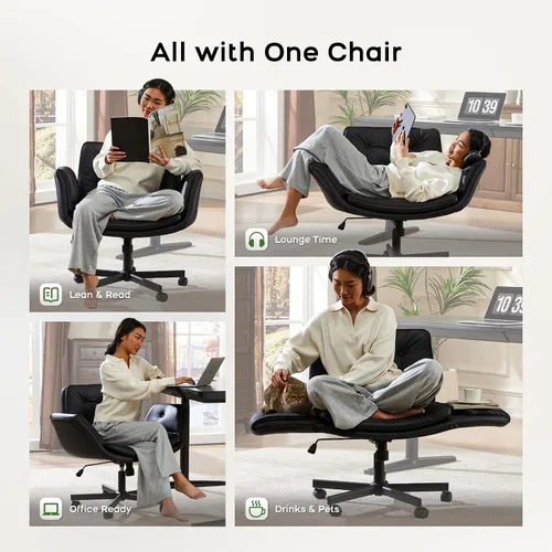 Miniatura 2 de amseatec Silla Criss Cross con reposabrazos y ruedas, silla de tocador de cuero PU, sillas de escritorio de oficina para computadora giratorias Negro