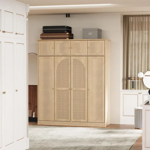 Miniatura 5 de Armario grande de 4 puertas con puertas de ratán, armario de madera independiente de 70.87 pulgadas de alto con barra para colgar y estantes