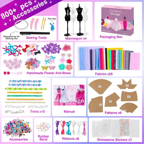 Miniatura 4 de MINIFUN Kit de diseño de moda para niñas, kit de costura con 4 maniquíes, kit de manualidades y manualidades para niños, kit de fabricación de ropa