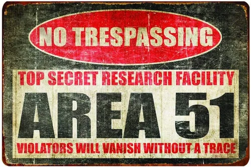 Bayyon Letrero de metal vintage de hojalata – Área 51 No Trespassing – 7.8 x 11.8 pulgadas – Marrón/Plateado – Hogar, oficina, bar, garaje