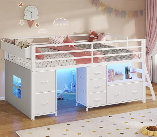 Miniatura 10 de ADORNEVE Cama baja tipo loft tamaño individual con 7 cajones de almacenamiento, estantería y luces LED, cama alta de metal para niños con barandilla