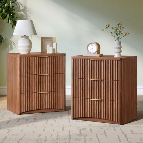 Miniatura 27 de Evermagin Mesita de noche acanalada, mesita de noche de roble natural con cajón y almacenamiento, mesa auxiliar de madera moderna de mediados