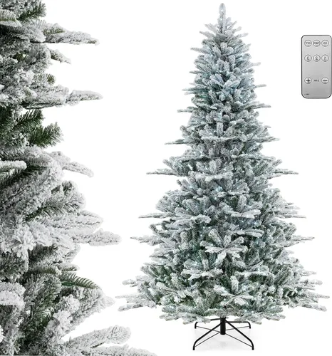Miniatura 11 de DORTALA Árbol de Navidad flocado preiluminado de 6 pies, árbol de Navidad artificial con bisagras con 500 luces LED blancas frías, control remoto, 3