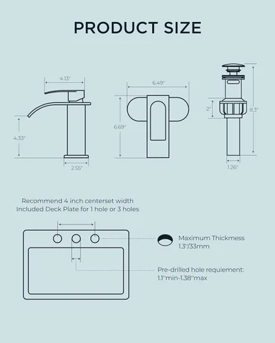 Miniatura 4 de FORIOUS Grifo de Baño Cascada de Un Orificio, Grifo de Baño Cromado de Una Sola Manija para Fregadero de 1 o 3 Orificios con Desagüe Emergente