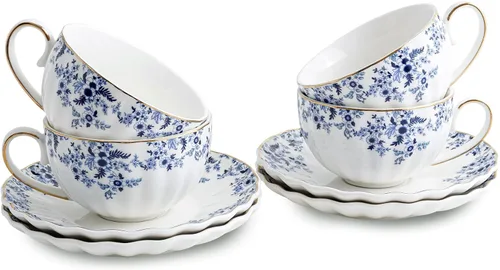 Miniatura 9 de Agyiuns Taza de té y platillos, tazas de té floral de 6.4 onzas con borde dorado, taza de té de porcelana, tazas de café capuchino espresso con Azul
