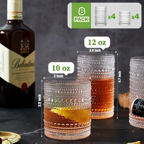 Miniatura 3 de Hlukana Juego de 8 Vasos Vintage Hobnail para Beber, Vasos Highball de 12 oz y Vasos de Cóctel de 10 oz, Vasos de Agua para Cocina, Juego