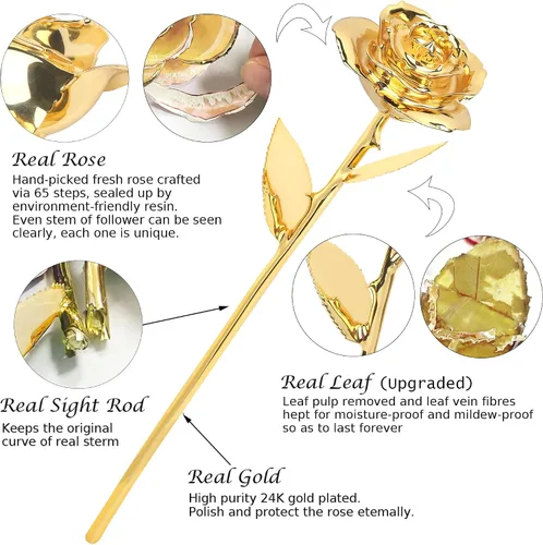 Miniatura 3 de Sinvitron Rosa bañada en oro de 24 quilates de oro real, rosas doradas únicas bañadas a mano, regalos románticos para mujeres en cumpleaños, Dorado