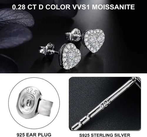 Miniatura 5 de DAYBYDAY Aretes de plata de ley 925 de moissanita para mujeres y niñas, delicados y lindos corazones, redondos, cojines, ovalados, color D, VVS1