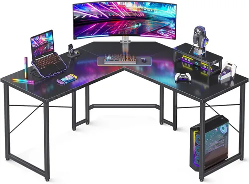 AODK Escritorio para juegos en forma de L, escritorio de esquina para computadora, mesa de escritorio para juegos de PC con soporte elevador de Negro