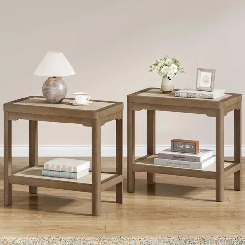 Miniatura 12 de Eclatara Mesitas de noche de ratán, mesa auxiliar de 2 niveles para dormitorio, mesa auxiliar de polígono decorativa para espacios pequeños, mesa