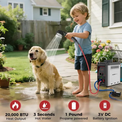 Miniatura 2 de CAMPLUX Nano 3 Calentador de agua portátil de propano con kit de bomba, diseño compacto y ligero, cables de bomba de conexión rápida y mangueras