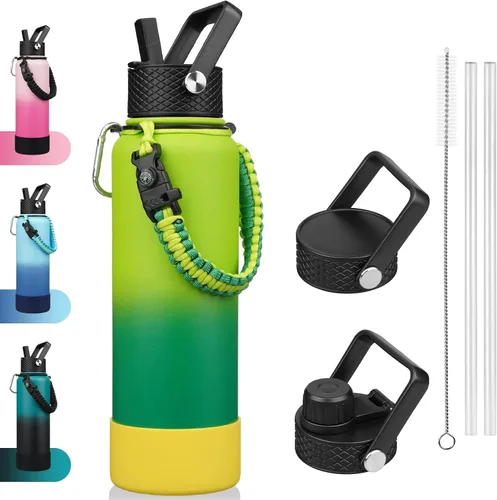 Miniatura 24 de BJPKPK - Botella de agua con tapa de popote, botellas de agua aisladas de 18 onzas con 3 tapas, asa de cuerda de paracaídas y base antideslizante