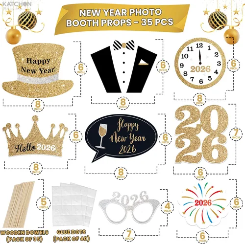 Miniatura 3 de Katchon, Accesorios para cabina de fotos de Año Nuevo con purpurina – Paquete de 35 Accesorios de cabina de fotos NYE para suministros de fiesta