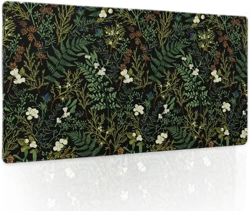 Miniatura 10 de Alfombrilla de mouse negra estética vintage para juegos botánicos, extendida, bonita planta verde bosque, naturaleza, floral, grande