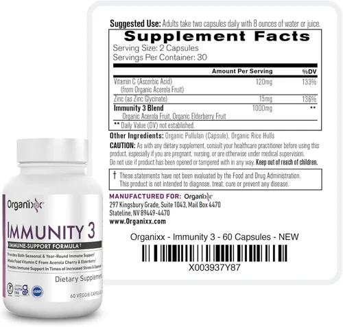 Miniatura 5 de Organixx Suplemento de apoyo inmunológico Immunity 3 – Vitamina C, zinc, saúco – Defensa inmunológica de alimentos integrales para adultos y niños
