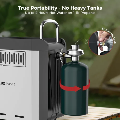 Miniatura 3 de CAMPLUX Nano 3 Calentador de agua portátil de propano con kit de bomba, diseño compacto y ligero, cables de bomba de conexión rápida y mangueras