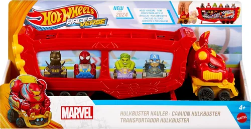 Miniatura 6 de Hot Wheels RacerVerse Marvel Hulkbuster Hauler, transporta y almacena hasta 10 vehículos de juguete, cabina desmontable con casco abatible y figura