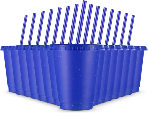 Miniatura 10 de Rtteri 15 vasos reutilizables con popotes y tapas, vasos de plástico con purpurina de 16 onzas, vasos de plástico para recuerdos de fiesta