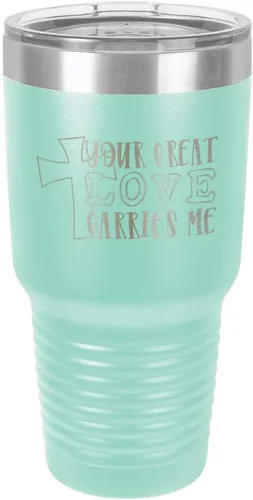 Miniatura 21 de Taza de viaje de acero con recubrimiento de polvo grabado con láser, con grabado de 30 oz con texto en inglés "Your Love Carries" y texto "Mis