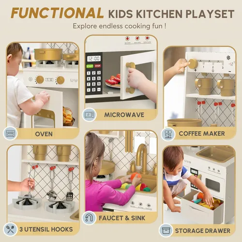Miniatura 7 de BIERUM Juego de cocina con luces y sonidos realistas, juego de cocina de madera para niños pequeños, cocina de juguete con 26 accesorios de comida