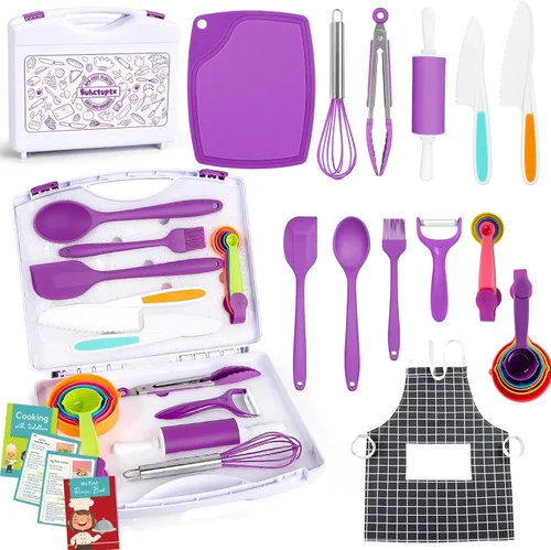 Miniatura 8 de Juegos de cocina para niños, juego de cocina y hornear con estuche de almacenamiento, cuchillos seguros para niños, tabla de cortar, delantal, libro