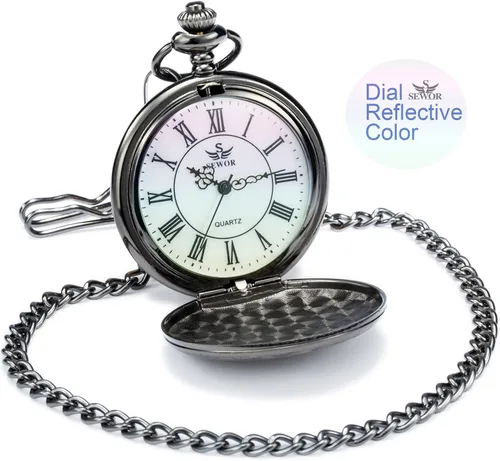 Miniatura 4 de SEWOR Nice Quartz Pocket Watch Shell Dial Gold Smooth Case with Two Type Chain Leather Metal