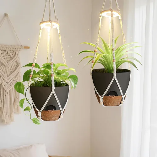 Miniatura 9 de Macetas colgantes para plantas de interior: paquete de 2 perchas de macramé con luces de cultivo y macetas de riego automático, macetas colgantes