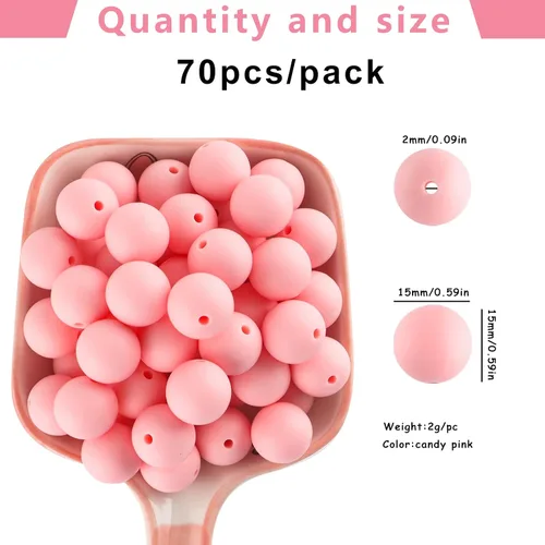 Miniatura 2 de Sunrony 70 cuentas de silicona para hacer collares, cuentas redondas de silicona a granel de 0.59 pulgadas para bolígrafos (rosa caramelo)