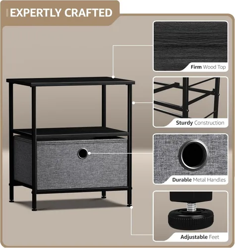 Miniatura 4 de Sorbus Mesita de noche con 1 cajón, mueble de noche y mesa auxiliar con marco de acero, parte superior de madera y contenedores de tela fáciles