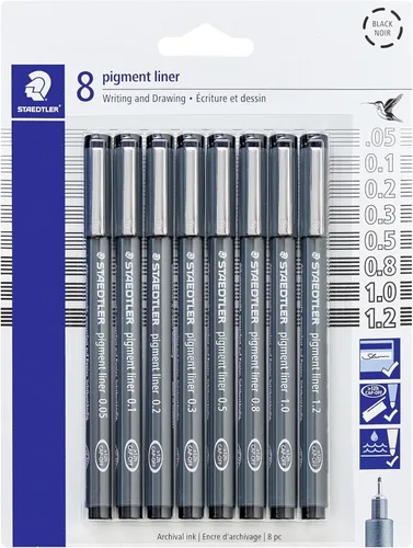 STAEDTLER Pigment Liner - Bolígrafos de punta fina, color negro, paquete de 8 tamaños de punta (0.002 in - 0.047 in): bolígrafos impermeables para