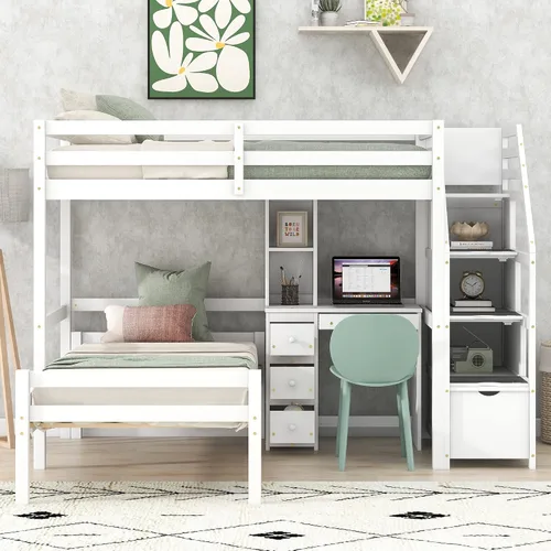 Miniatura 14 de Cama tipo loft gris de tamaño individual con escalera y escritorio en forma de L, cama alta de madera con estantes y cajones de almacenamiento