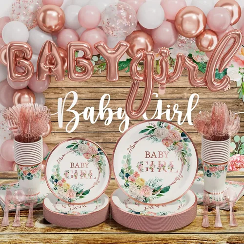Decoraciones de baby shower para niña, 249 piezas de suministros para fiesta de revelación de género y vajilla desechable (25 invitados) con platos