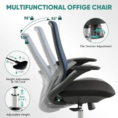 Miniatura 5 de Silla de oficina ergonómica de malla, silla de escritorio ejecutiva de 330 libras con soporte lumbar, reposabrazos 2D, cómodas sillas giratorias Azul