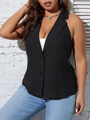 Miniatura 4 de MakeMeChic Chaqueta sin mangas con cuello de solapa y botones frontales para mujer, talla grande