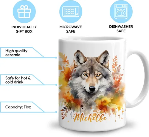 Miniatura 3 de Hyturtle Taza de café personalizada de lobo de otoño, regalos de cumpleaños para los amantes del lobo, regalos de decoración de otoño para casa