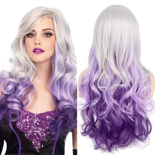 Peluca larga y rizada ondulada gris plateado a morado con parte lateral de aspecto natural sintético Cosplay peluca para mujeres Astilla a Púrpura