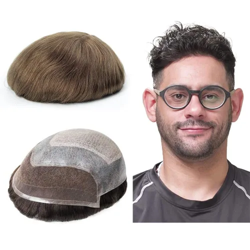 Miniatura 9 de Lordhair Tupé frontal de encaje francés para hombres 0.004 in inyectado piezas de pelo de piel fina unidas con sistema de cabello de encaje