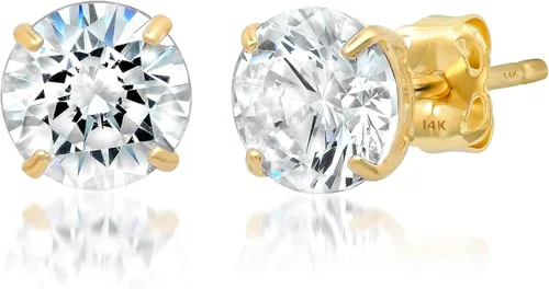 Aretes de oro de 14 quilates para mujeres y hombres con cristal redondo genuino, aretes de circonita cúbica con dorso de oro 0.5-3.0 quilates por
