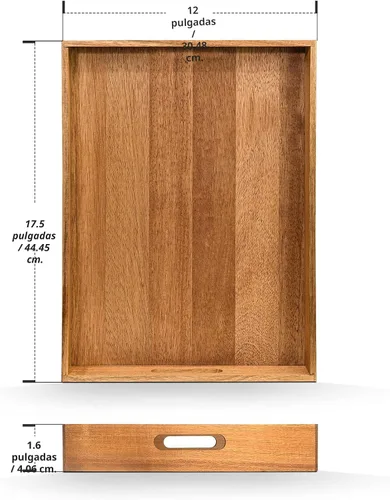 Miniatura 3 de Bandeja de servir de madera de acacia con asas (17 pulgadas) – Bandejas decorativas para servir desayuno en la cama, almuerzo, cena, aperitivos